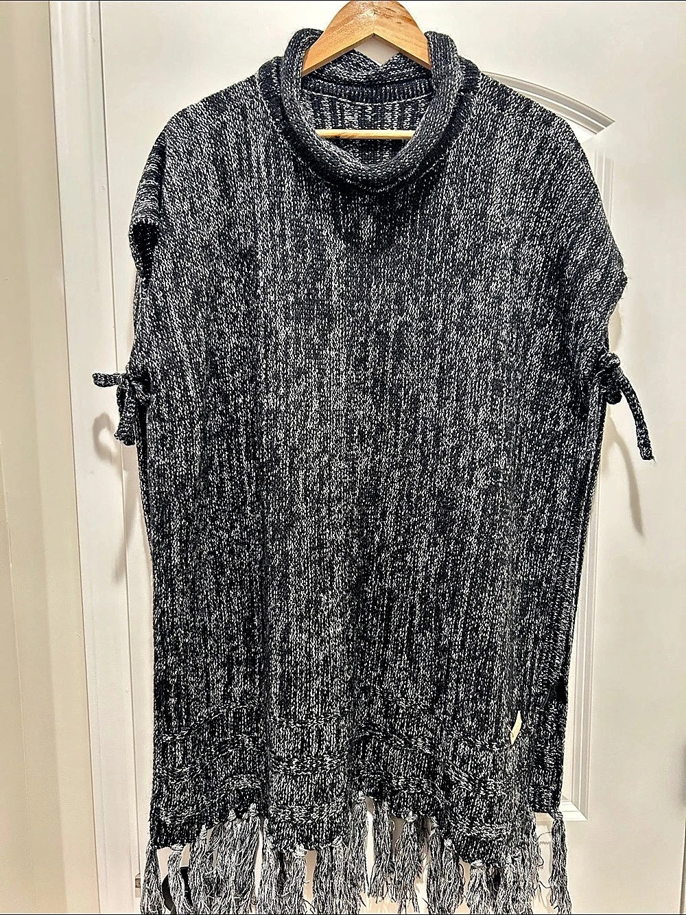 Black & White Fringe Knit Poncho